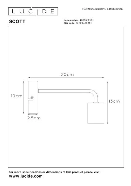 Lucide SCOTT - Lámpara de pared - 1xE27 - Blanco - técnico